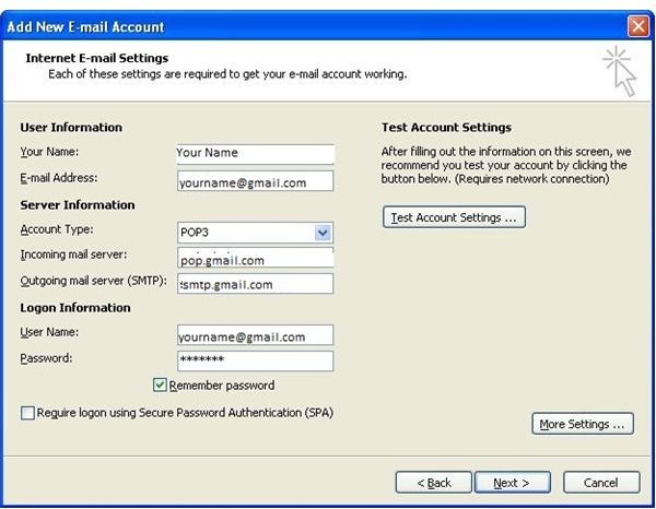 Gmail Account Settings For Outlook 2010
