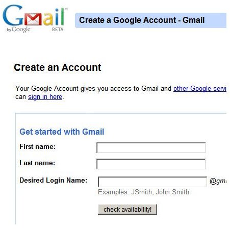 Gmail Account Sign Up Page