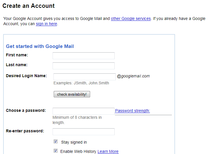 Gmail Account Sign Up Page