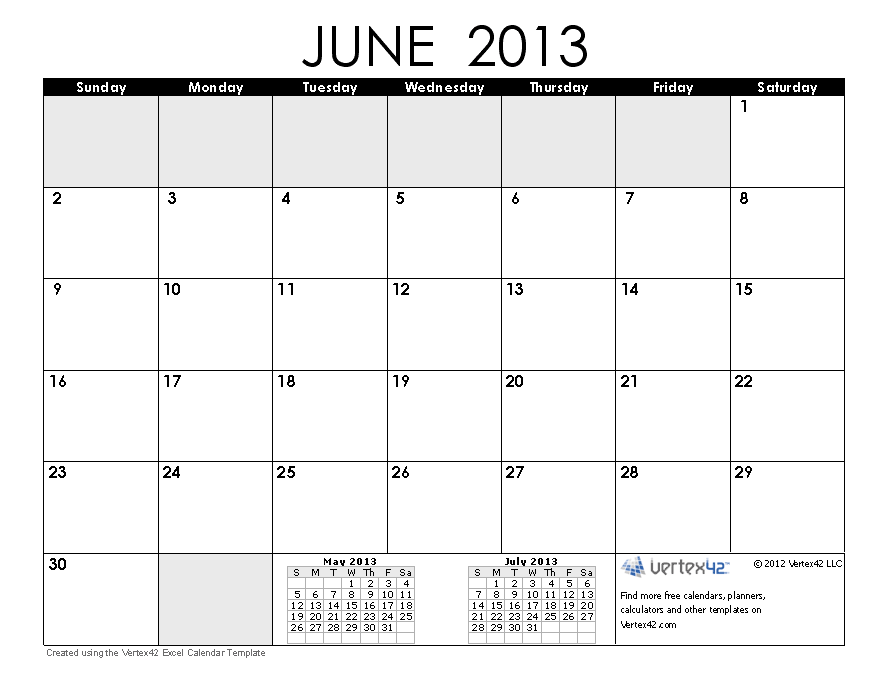 June 2013 Calendar Excel