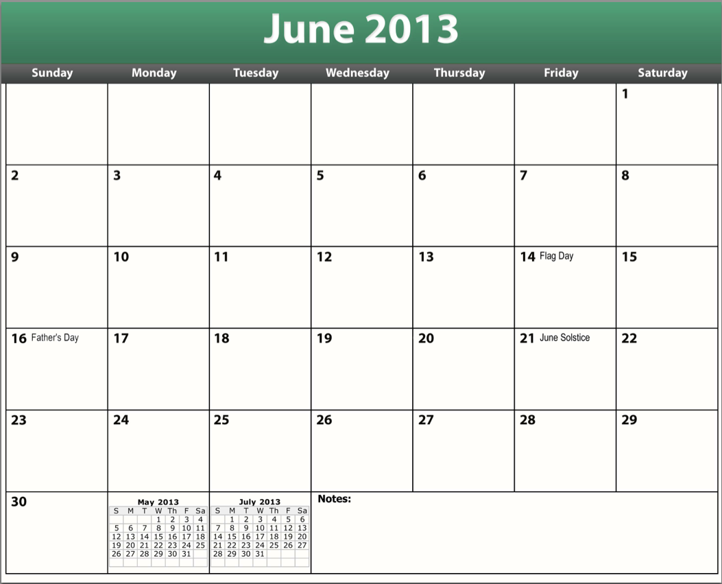 June 2013 Calendar Excel