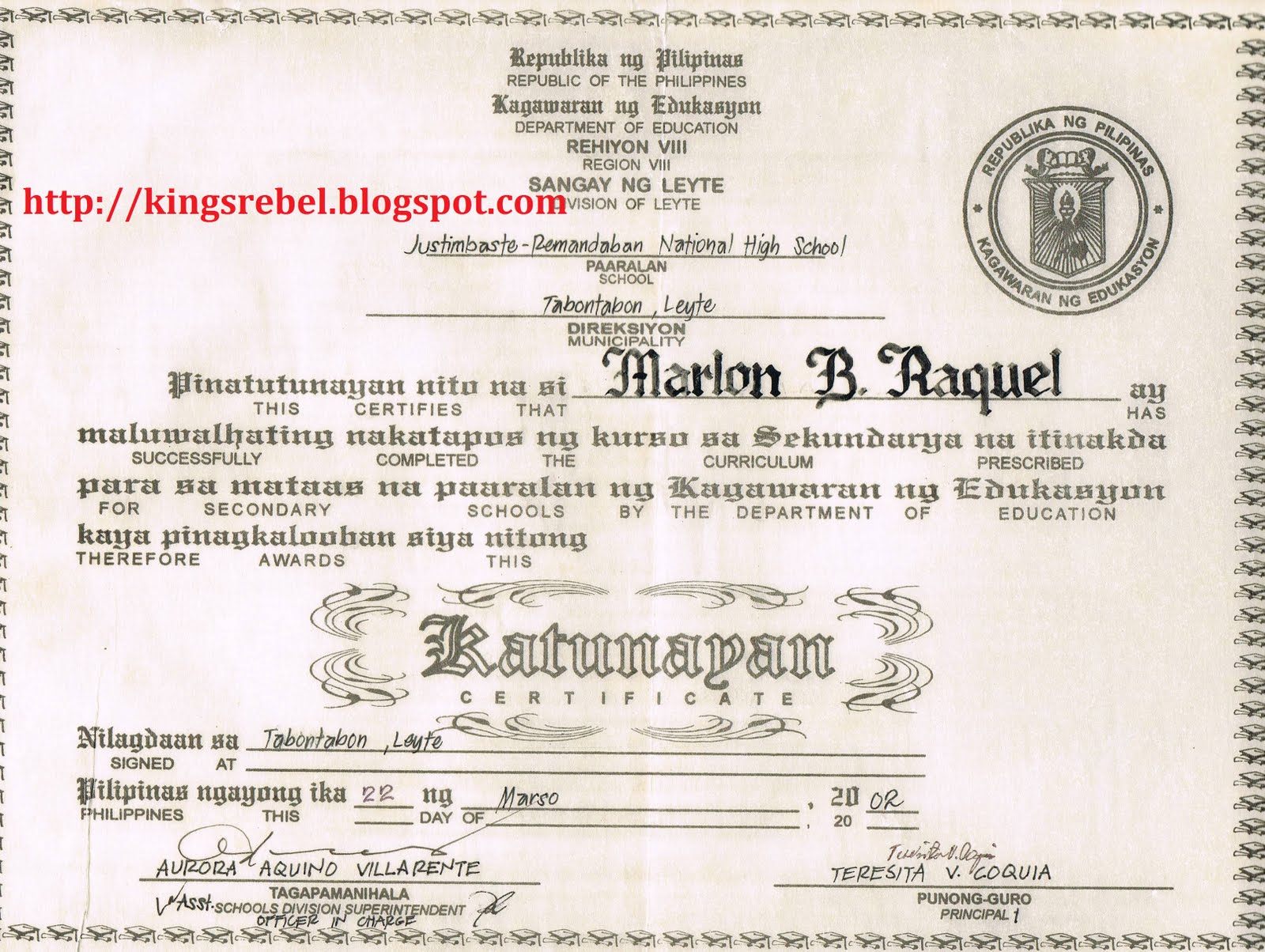 Philippine High School Diploma Sample